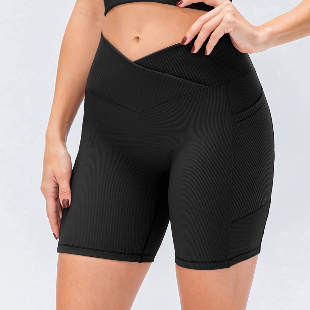 I YOGA Women's Ribbed Cross Waist Biker Shorts With Pockets