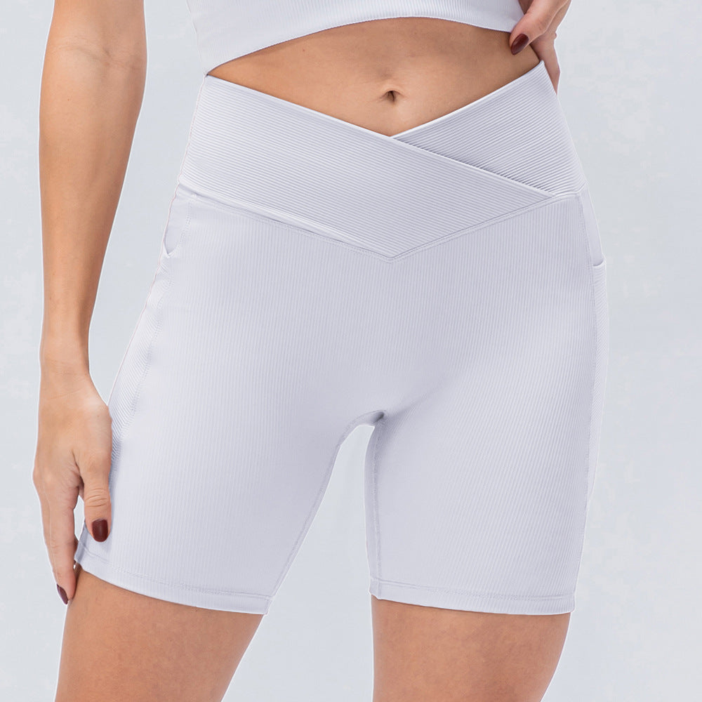I YOGA Women's Ribbed Cross Waist Biker Shorts With Pockets