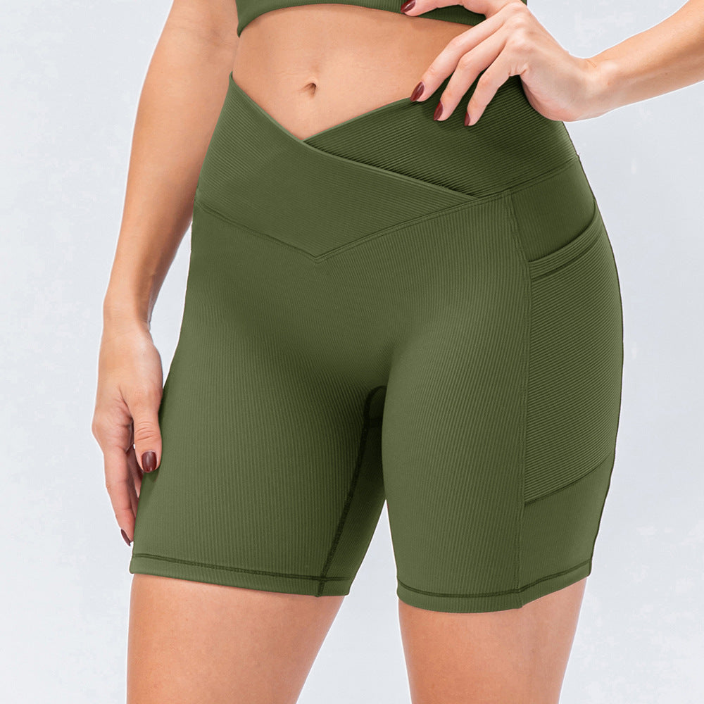 I YOGA Women's Ribbed Cross Waist Biker Shorts With Pockets