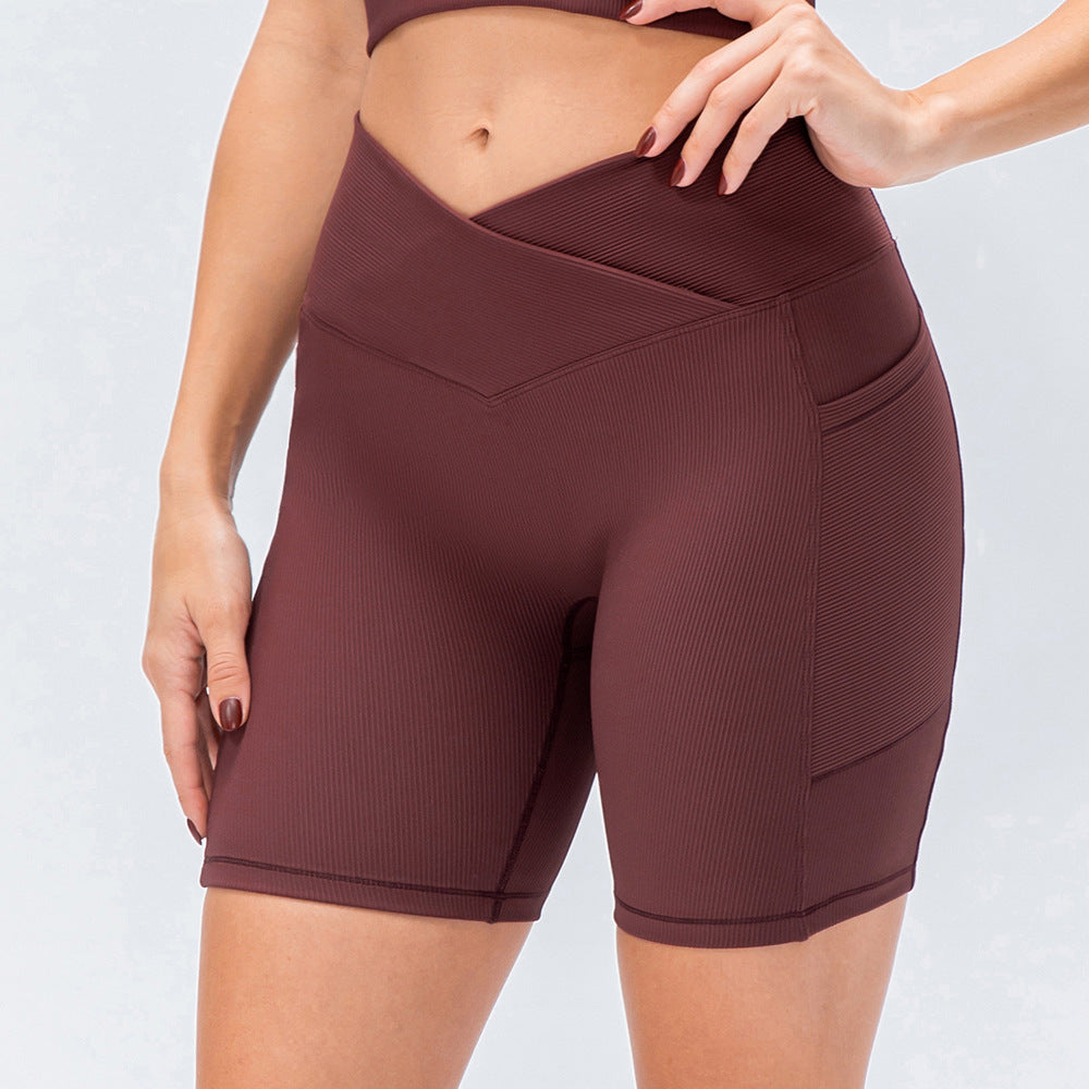 I YOGA Women's Ribbed Cross Waist Biker Shorts With Pockets