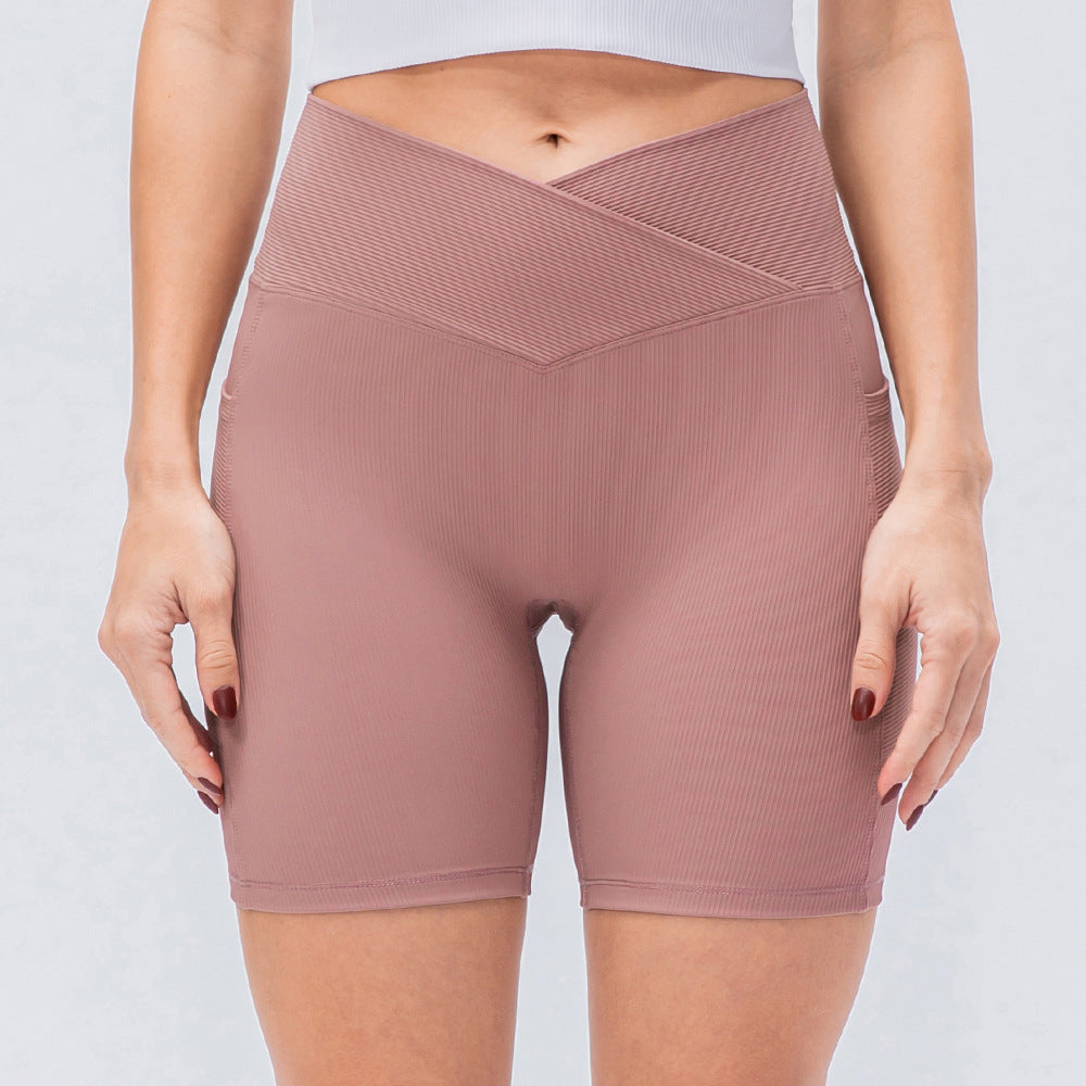 I YOGA Women's Ribbed Cross Waist Biker Shorts With Pockets