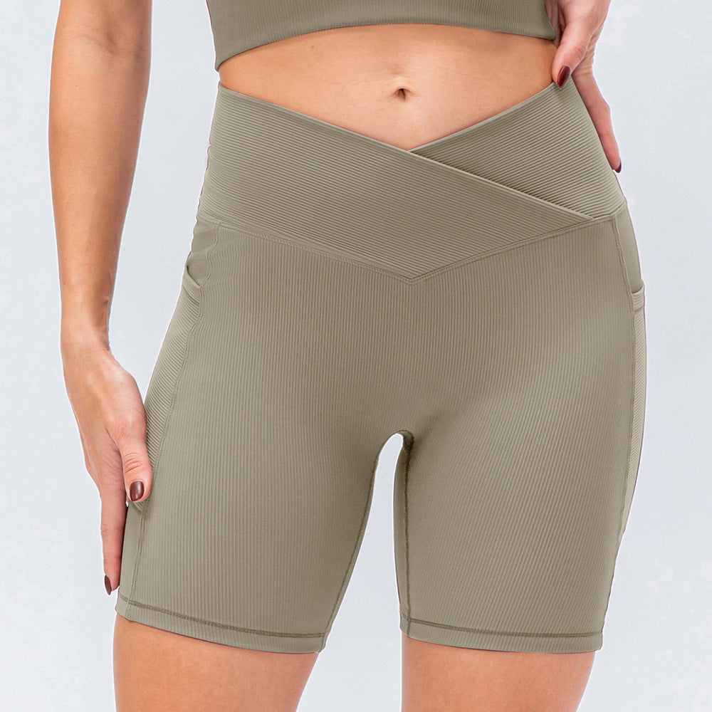 I YOGA Women's Ribbed Cross Waist Biker Shorts With Pockets
