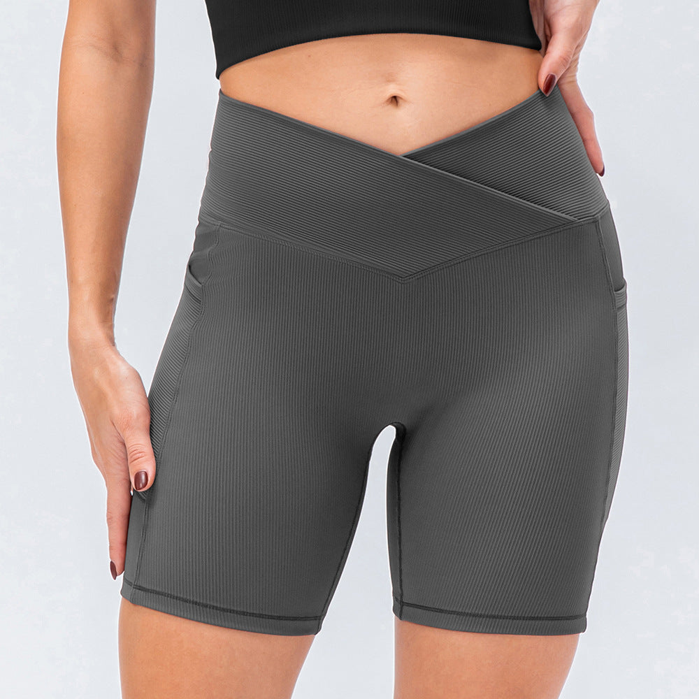 I YOGA Women's Ribbed Cross Waist Biker Shorts With Pockets