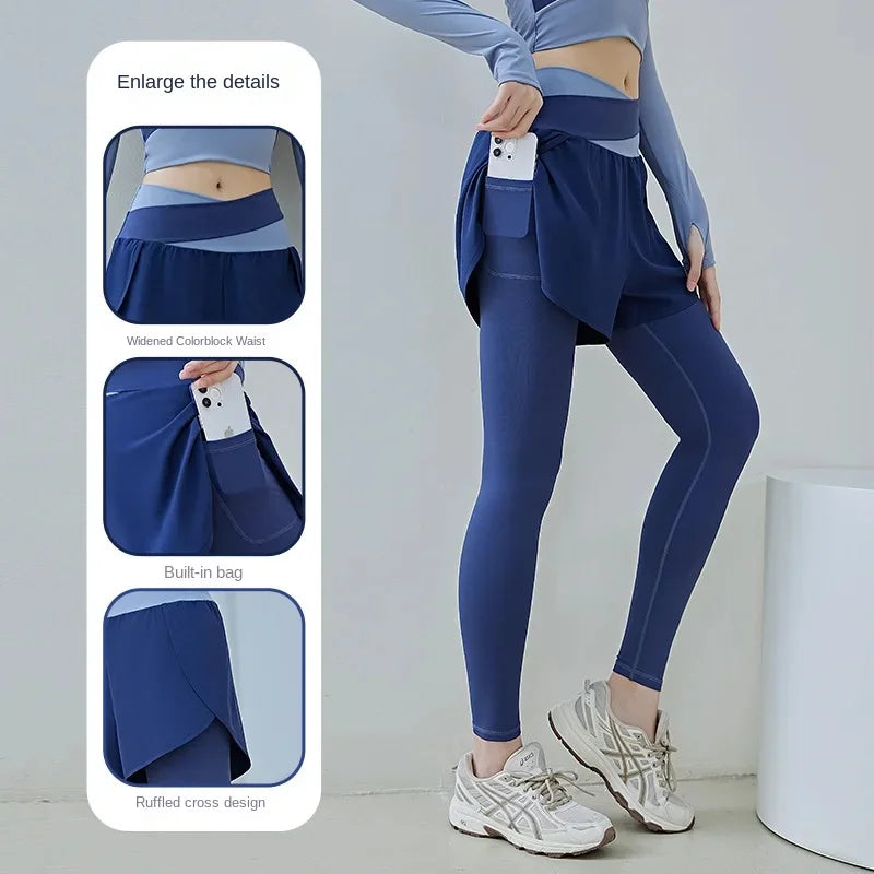 I YOGA High Stretch Leggings Quick Dry Pants Sports Fitness Pants Women Fake Two Anti-slip Yoga Pants High Waisted Gauze Pocket Pants