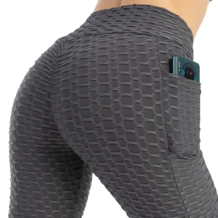 I YOGA High-waisted Bubble Butt Sports Leggings Cross-border Honeycomb Tightening Solid Color Pocket Fitness Trousers Yoga Pants