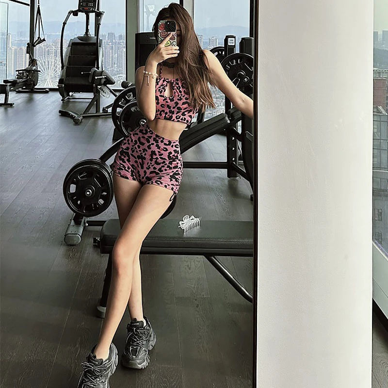 I YOGA Leopard Print Yoga High Waist Fitness Pants Sports Vest Shorts Suit For Women
