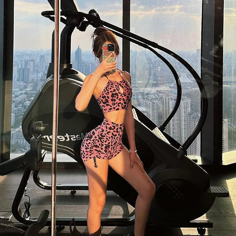 I YOGA Leopard Print Yoga High Waist Fitness Pants Sports Vest Shorts Suit For Women