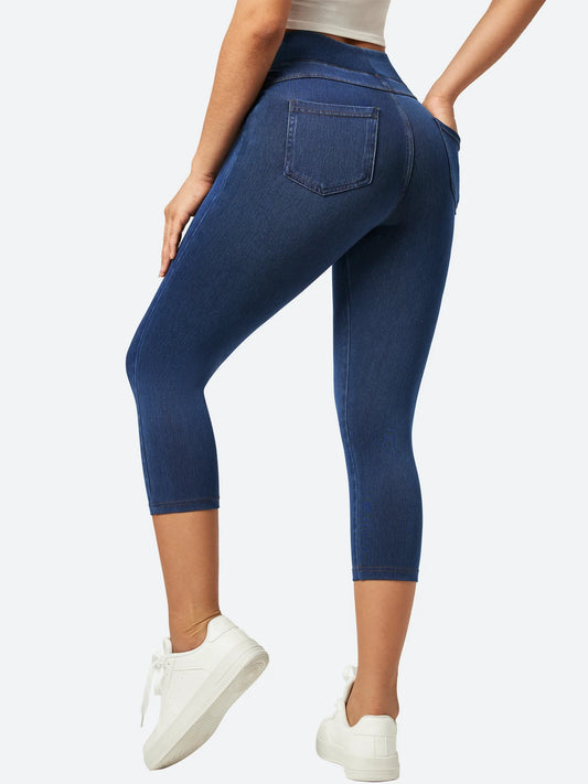 High Waisted Pull On Capri Jeans Dark Blue