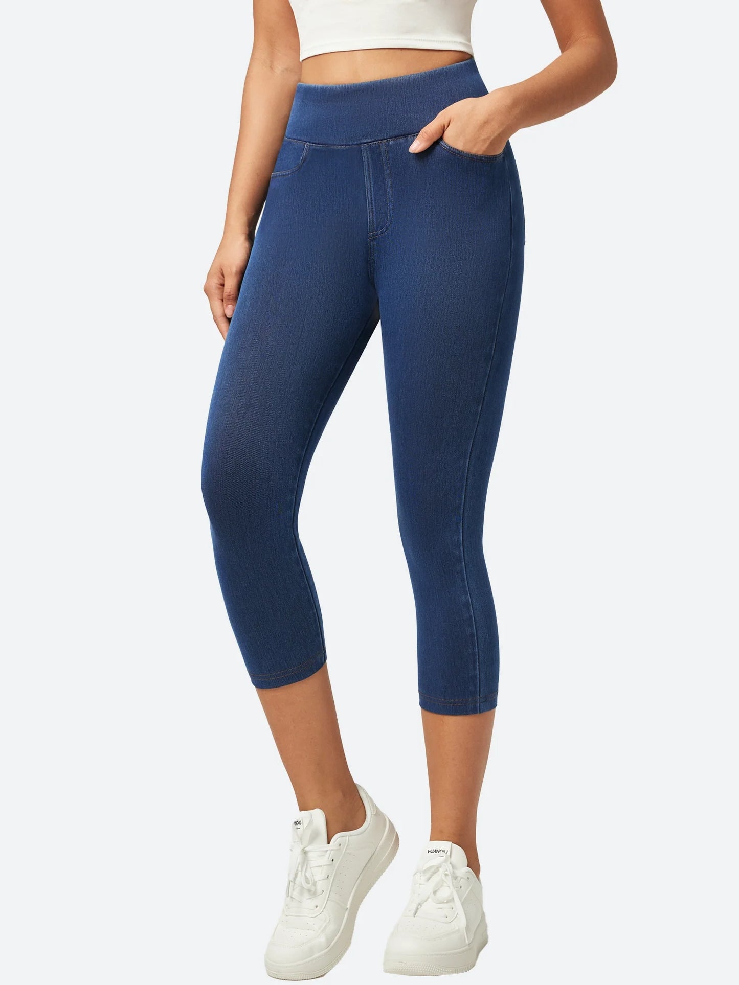 High Waisted Pull On Capri Jeans Dark Blue