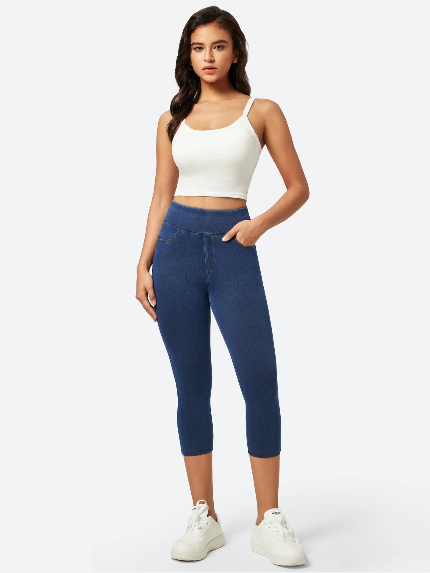 High Waisted Pull On Capri Jeans Dark Blue