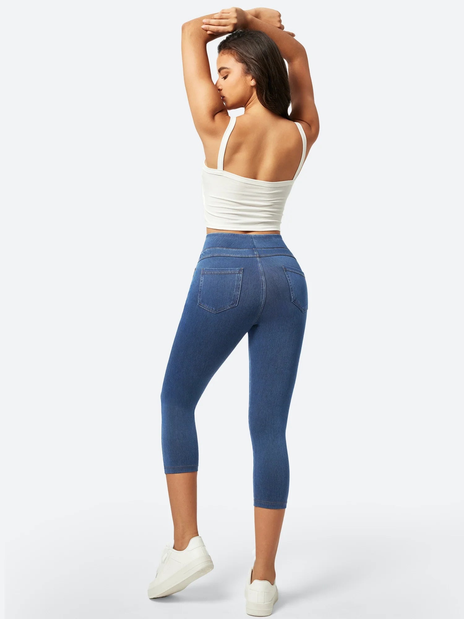 High Waisted Pull On Capri Jeans Light Blue