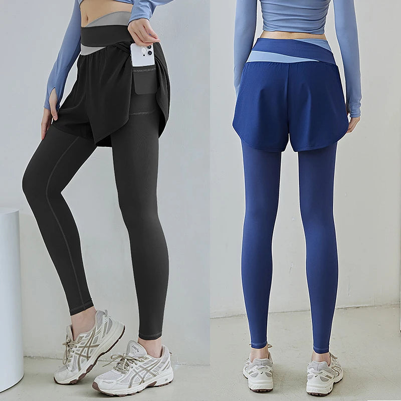 I YOGA High Stretch Leggings Quick Dry Pants Sports Fitness Pants Women Fake Two Anti-slip Yoga Pants High Waisted Gauze Pocket Pants