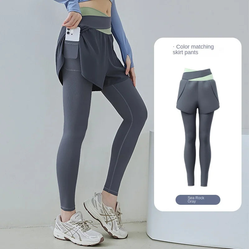 I YOGA High Stretch Leggings Quick Dry Pants Sports Fitness Pants Women Fake Two Anti-slip Yoga Pants High Waisted Gauze Pocket Pants