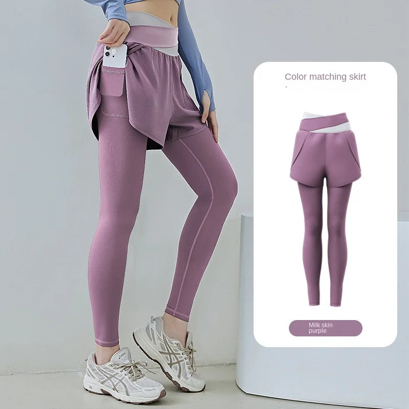 I YOGA High Stretch Leggings Quick Dry Pants Sports Fitness Pants Women Fake Two Anti-slip Yoga Pants High Waisted Gauze Pocket Pants