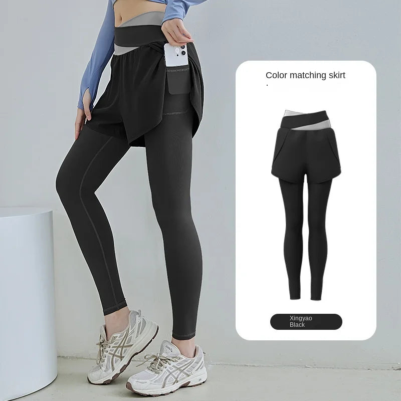 I YOGA High Stretch Leggings Quick Dry Pants Sports Fitness Pants Women Fake Two Anti-slip Yoga Pants High Waisted Gauze Pocket Pants