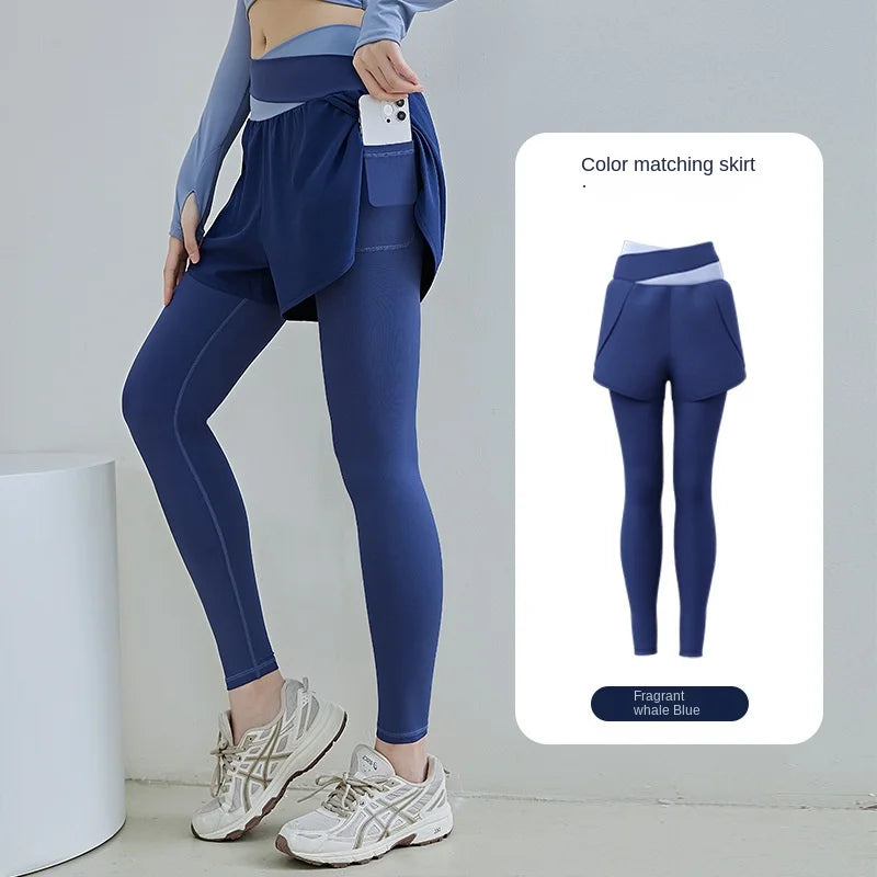 I YOGA High Stretch Leggings Quick Dry Pants Sports Fitness Pants Women Fake Two Anti-slip Yoga Pants High Waisted Gauze Pocket Pants