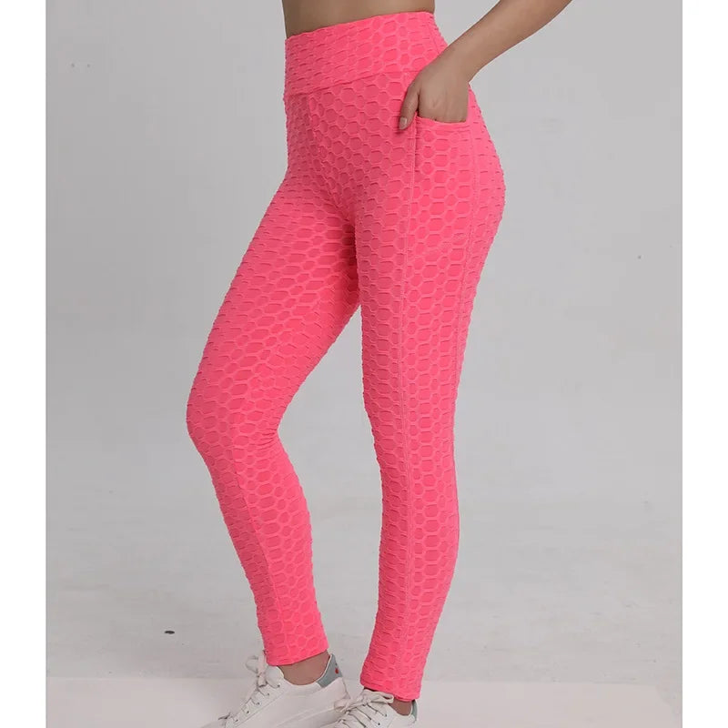 I YOGA High-waisted Bubble Butt Sports Leggings Cross-border Honeycomb Tightening Solid Color Pocket Fitness Trousers Yoga Pants