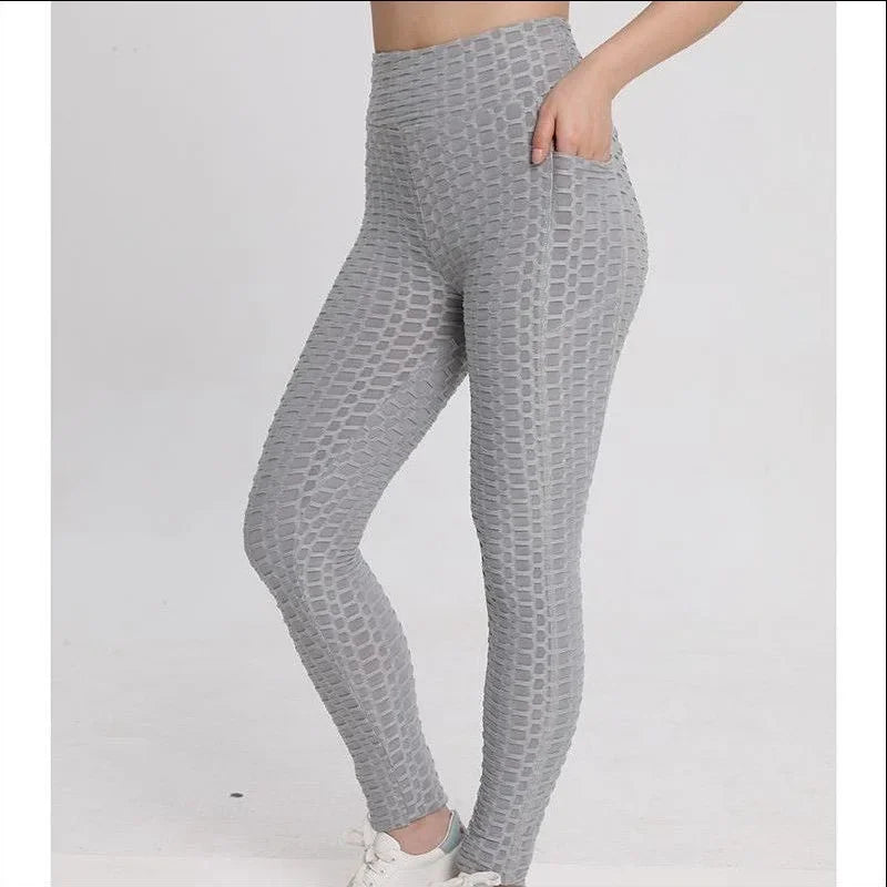 I YOGA High-waisted Bubble Butt Sports Leggings Cross-border Honeycomb Tightening Solid Color Pocket Fitness Trousers Yoga Pants