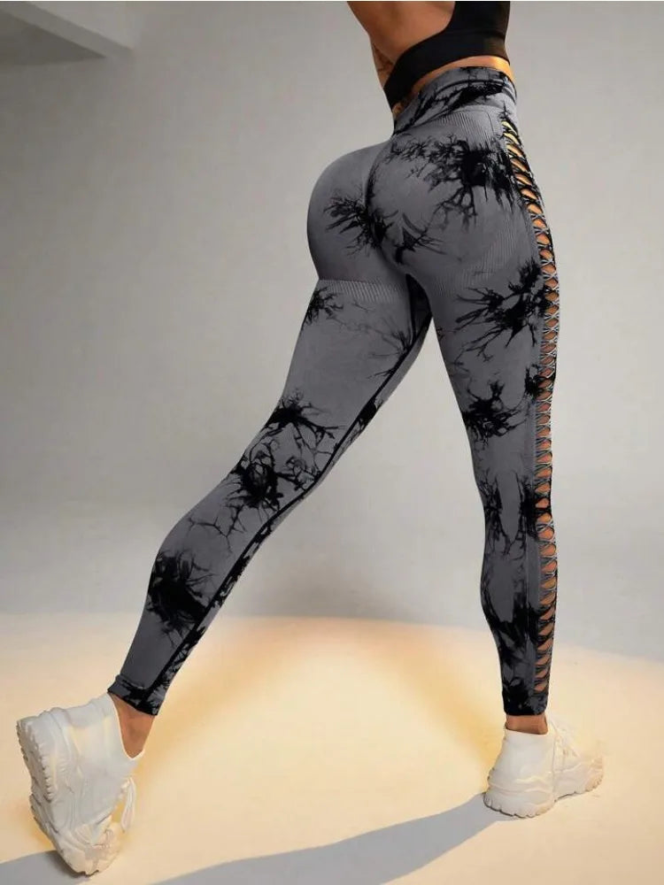 I YOGA Seamless High Waist Workout Yoga Legging Sexy Hollow Out Push Up Booty Pants Scrunch Sports Fitness Tie Dye Women Gym Leggings